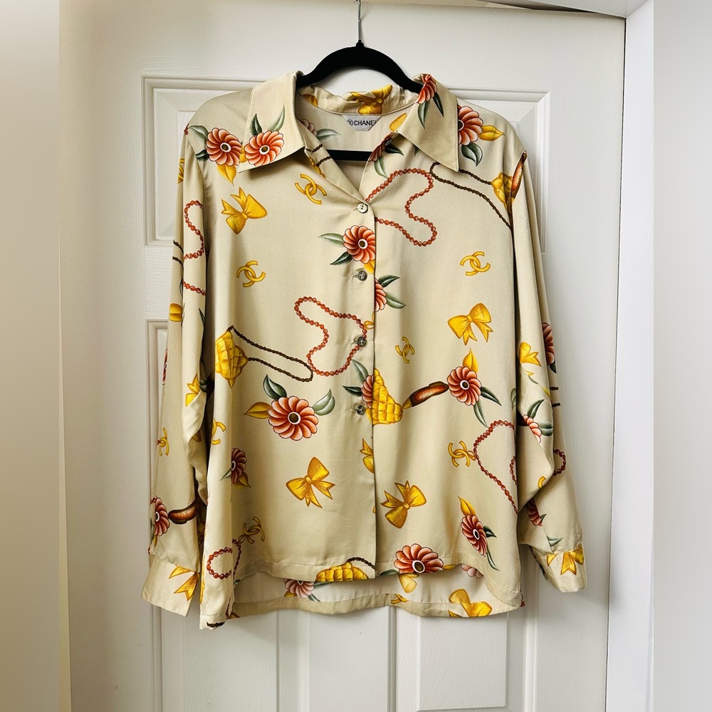 Fashion Inspired Silky CC Floral Bow Print Women's Blouse M L